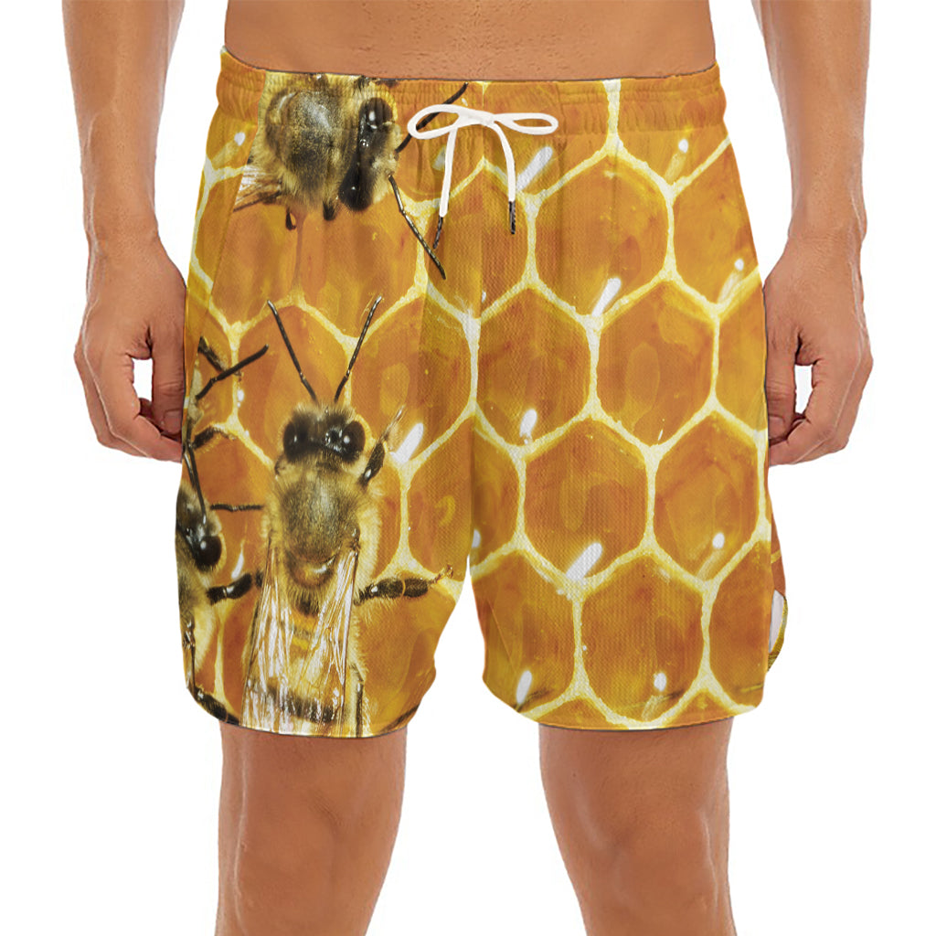Bees And Honeycomb Print Men's Split Running Shorts