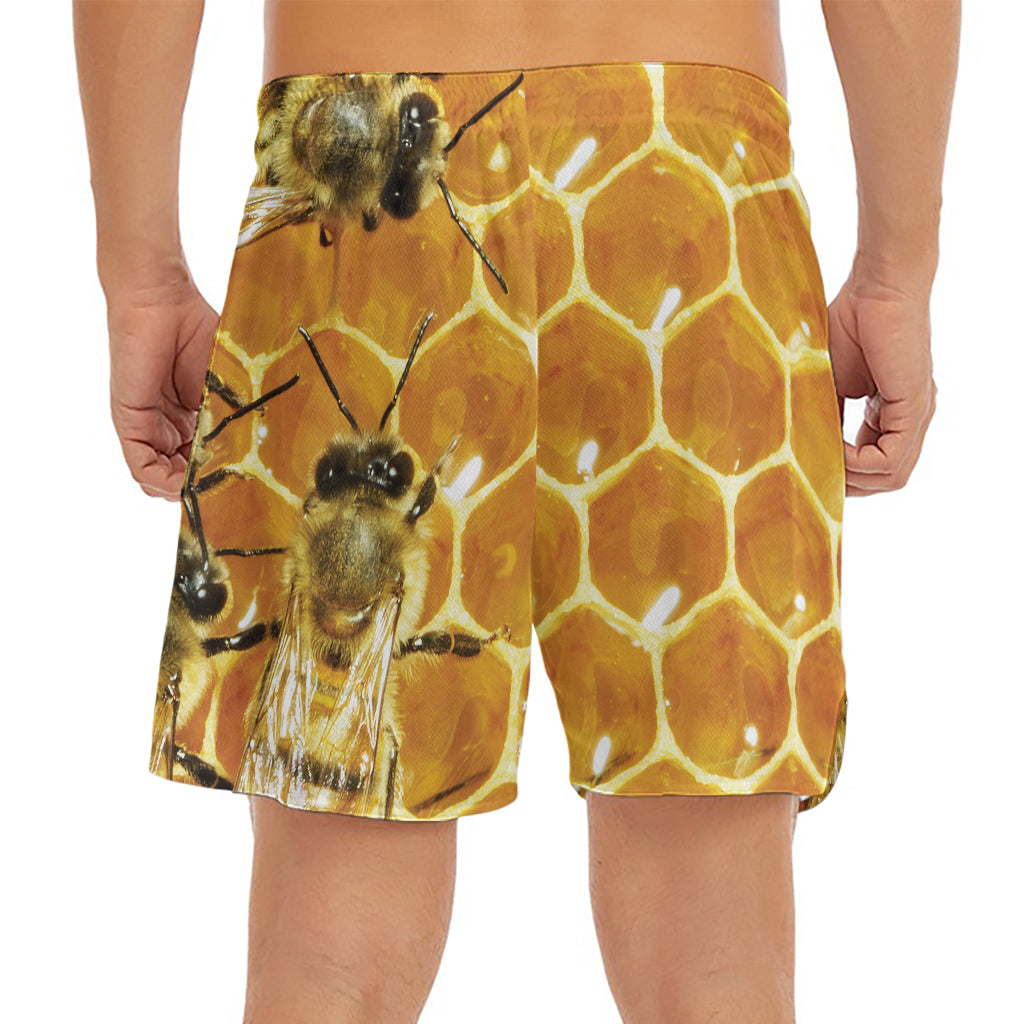 Bees And Honeycomb Print Men's Split Running Shorts
