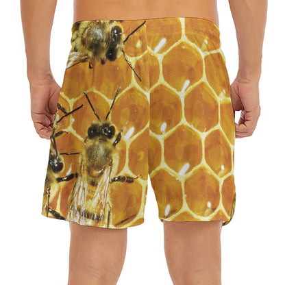 Bees And Honeycomb Print Men's Split Running Shorts