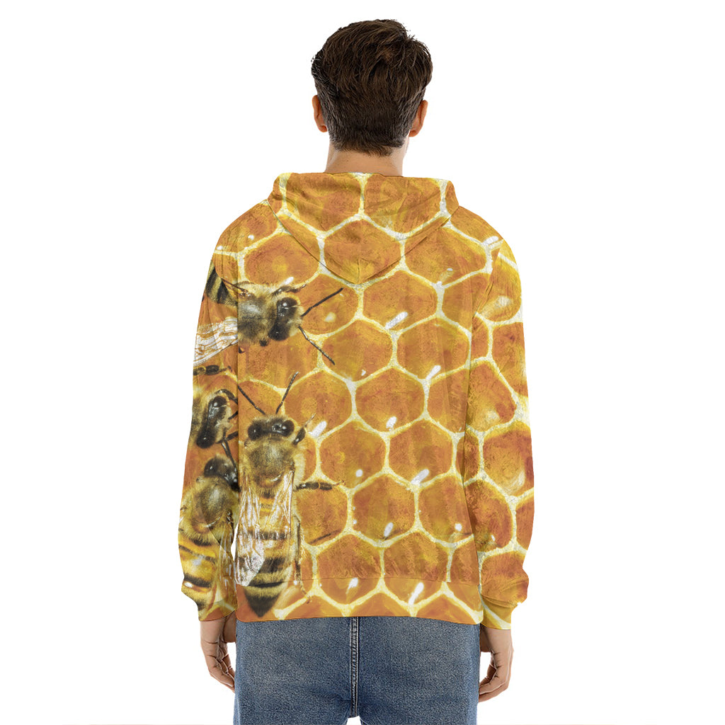 Bees And Honeycomb Print Men's Velvet Pullover Hoodie