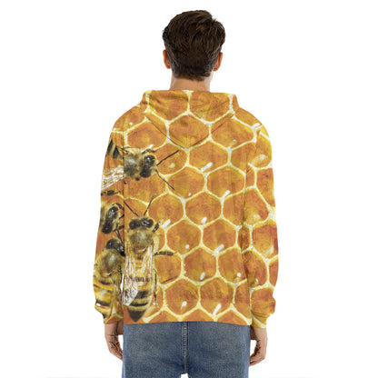 Bees And Honeycomb Print Men's Velvet Pullover Hoodie