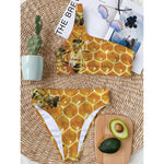 Bees And Honeycomb Print One Shoulder Bikini Top