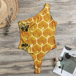 Bees And Honeycomb Print One Shoulder Bodysuit