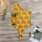 Bees And Honeycomb Print One Shoulder Bodysuit