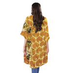 Bees And Honeycomb Print Open Front Beach Cover Up