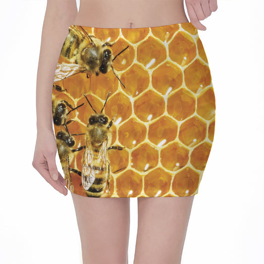 Bees And Honeycomb Print Pencil Mini Skirt
