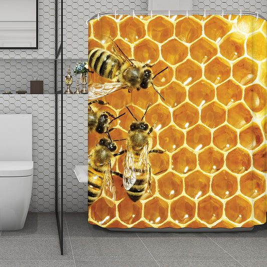 Bees And Honeycomb Print Polyester Shower Curtain