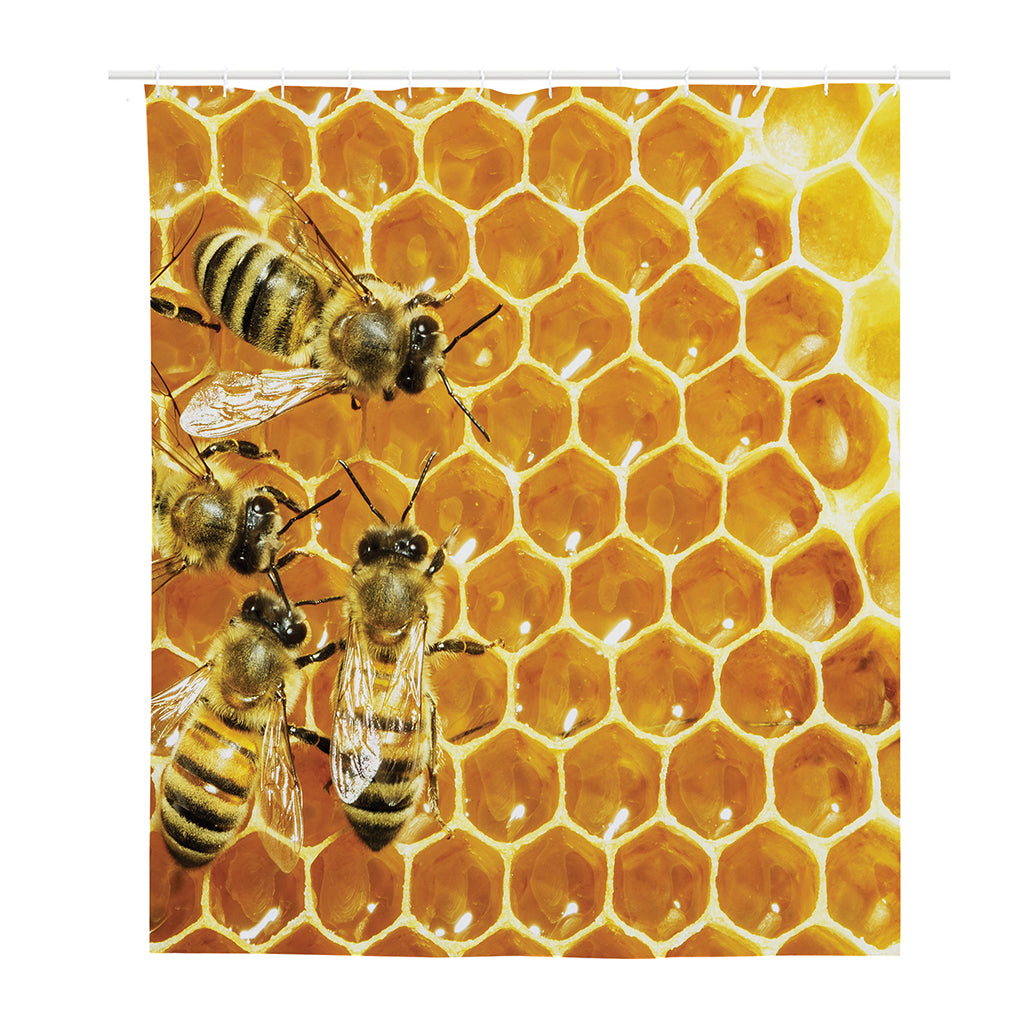 Bees And Honeycomb Print Polyester Shower Curtain