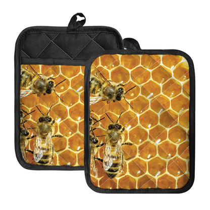 Bees And Honeycomb Print Pot Holders With Pocket