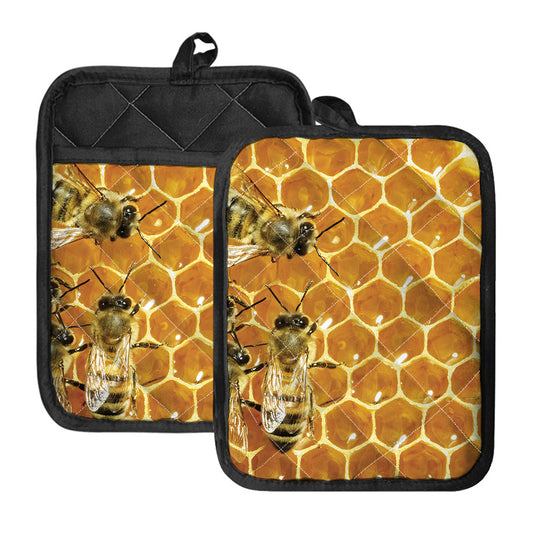 Bees And Honeycomb Print Pot Holders With Pocket