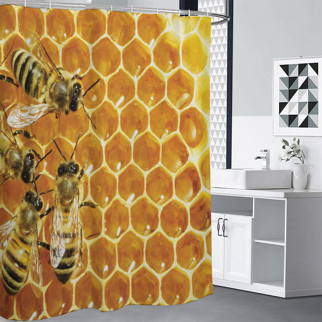 Bees And Honeycomb Print Premium Shower Curtain