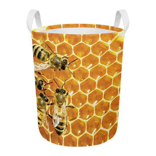 Bees And Honeycomb Print Round Laundry Basket