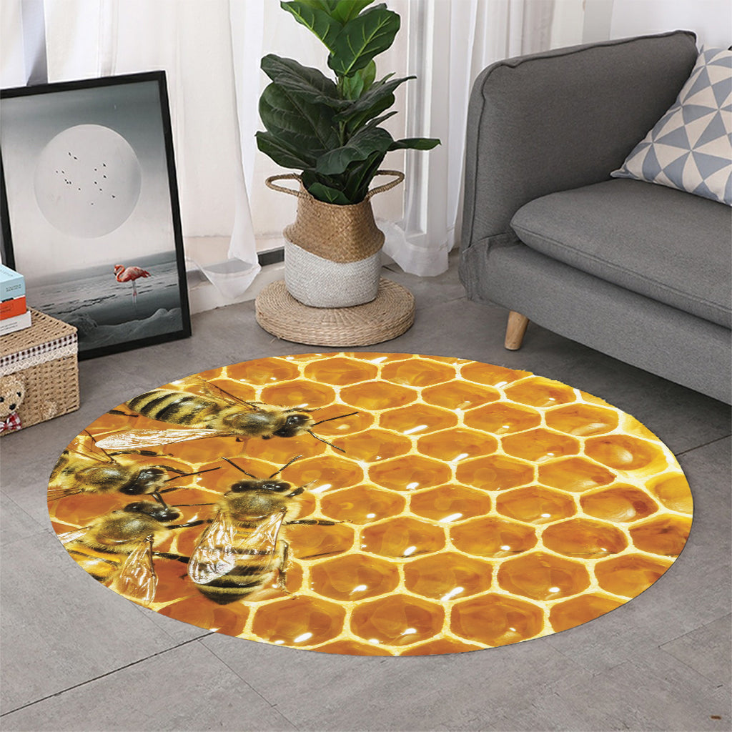 Bees And Honeycomb Print Round Rug