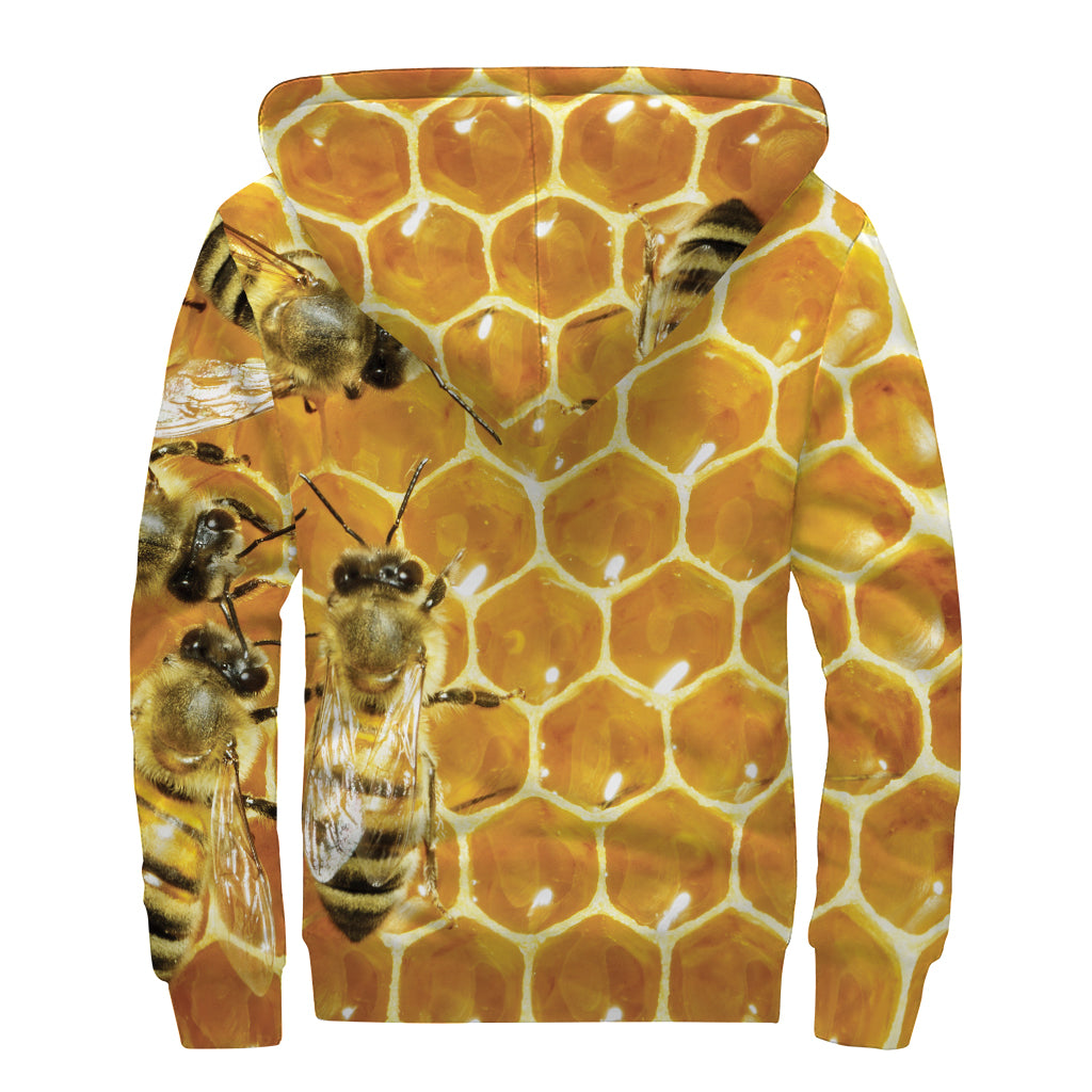 Bees And Honeycomb Print Sherpa Lined Zip Up Hoodie