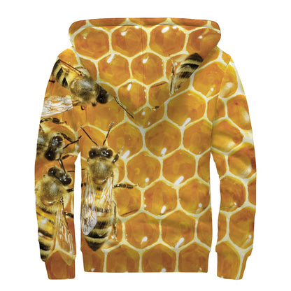 Bees And Honeycomb Print Sherpa Lined Zip Up Hoodie