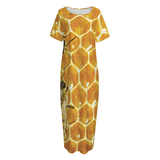 Bees And Honeycomb Print Short Sleeve Long Nightdress