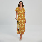 Bees And Honeycomb Print Short Sleeve Maxi Dress