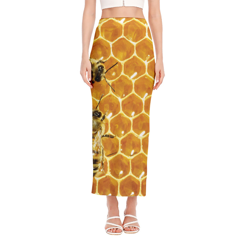 Bees And Honeycomb Print Side Slit Maxi Skirt