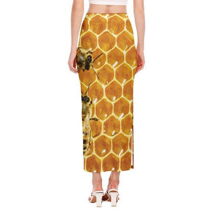 Bees And Honeycomb Print Side Slit Maxi Skirt