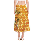 Bees And Honeycomb Print Side Slit Midi Skirt