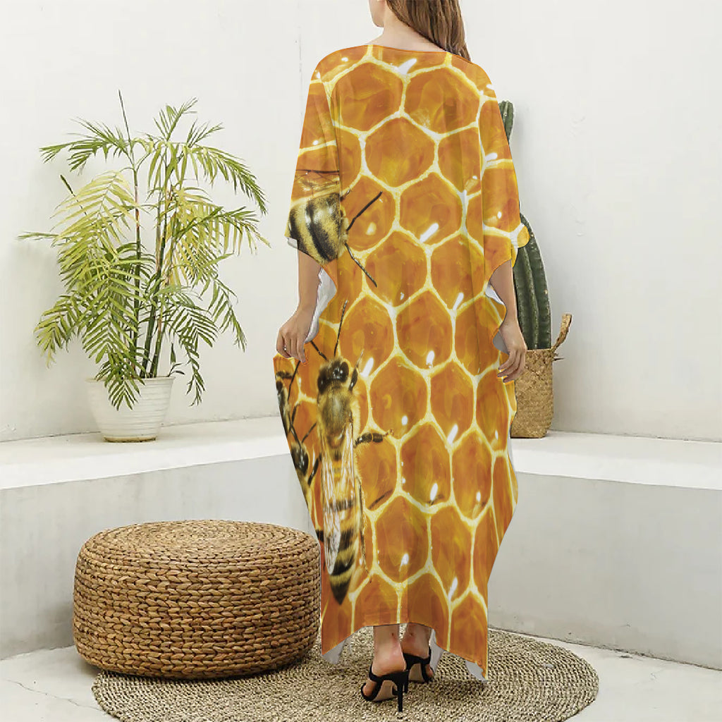 Bees And Honeycomb Print Silk V-Neck Kaftan Dress