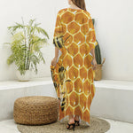 Bees And Honeycomb Print Silk V-Neck Kaftan Dress
