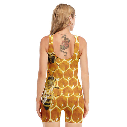 Bees And Honeycomb Print Sleeveless One Piece Swimsuit