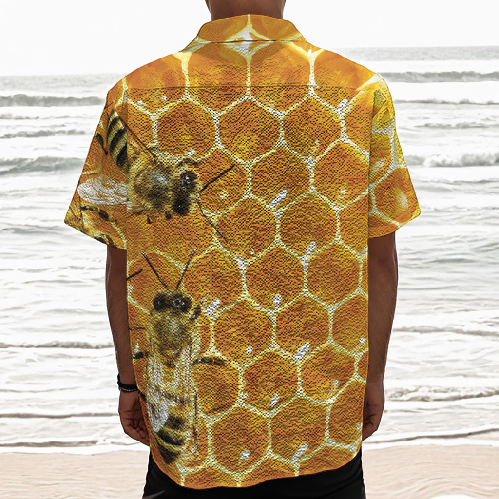 Bees And Honeycomb Print Textured Short Sleeve Shirt