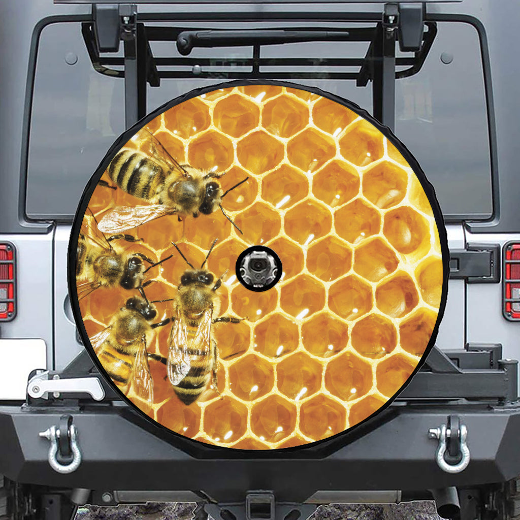 Bees And Honeycomb Print Tire Cover With Camera Hole
