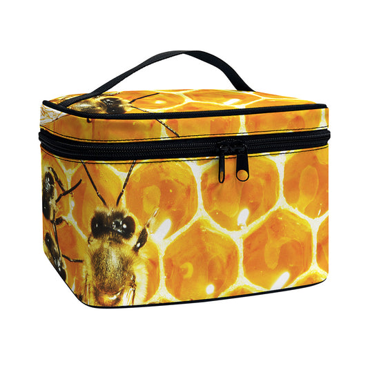 Bees And Honeycomb Print Travel Makeup Bag
