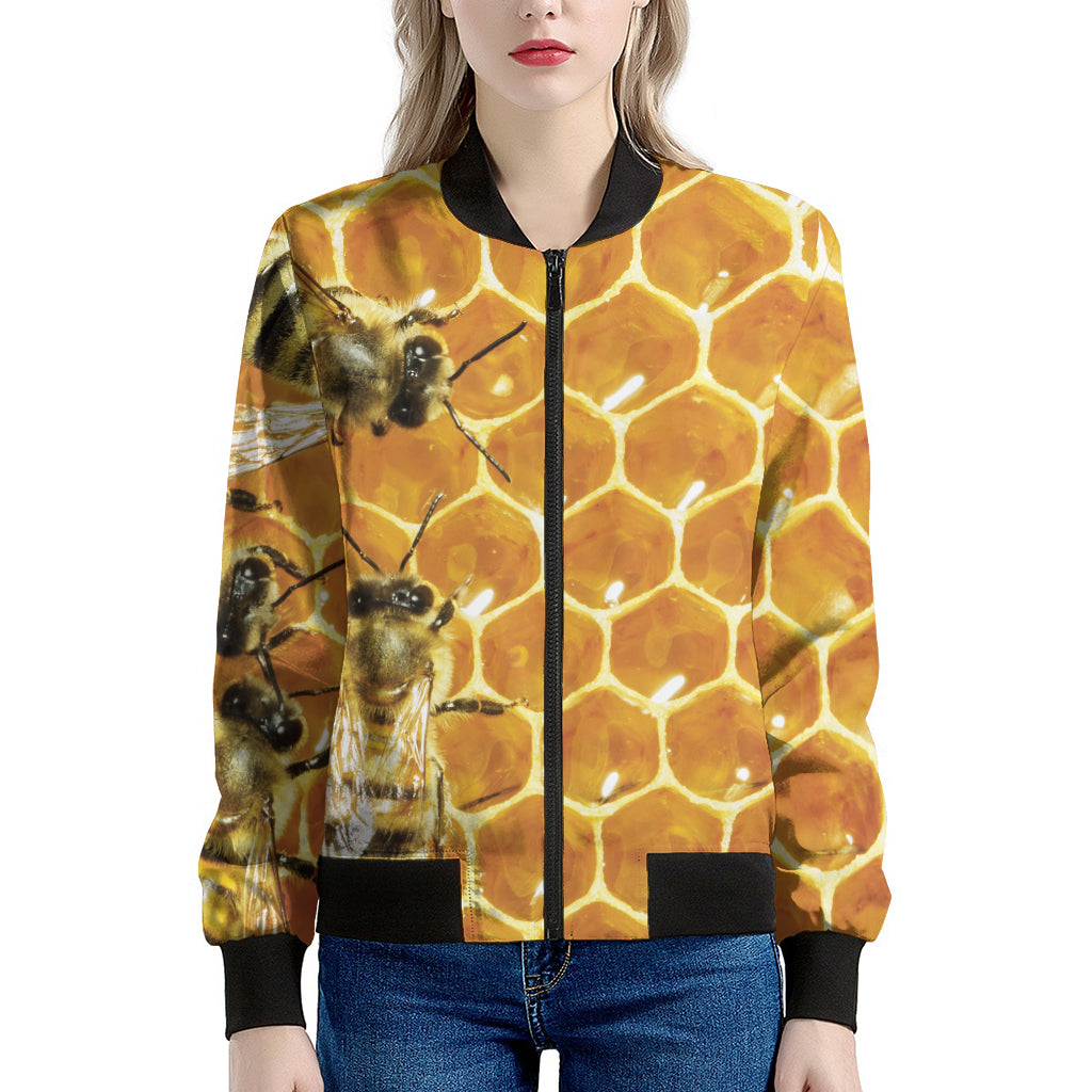 Bees And Honeycomb Print Women's Bomber Jacket
