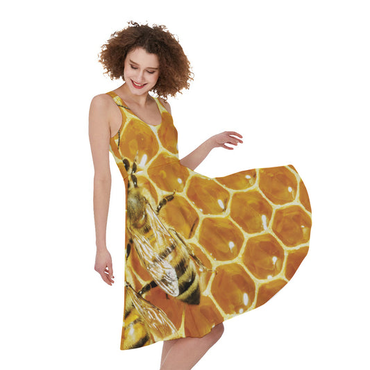 Bees And Honeycomb Print Women's Sleeveless Dress