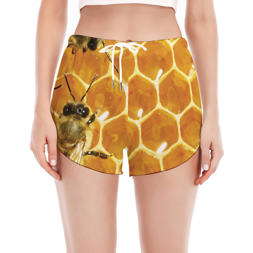 Bees And Honeycomb Print Women's Split Running Shorts