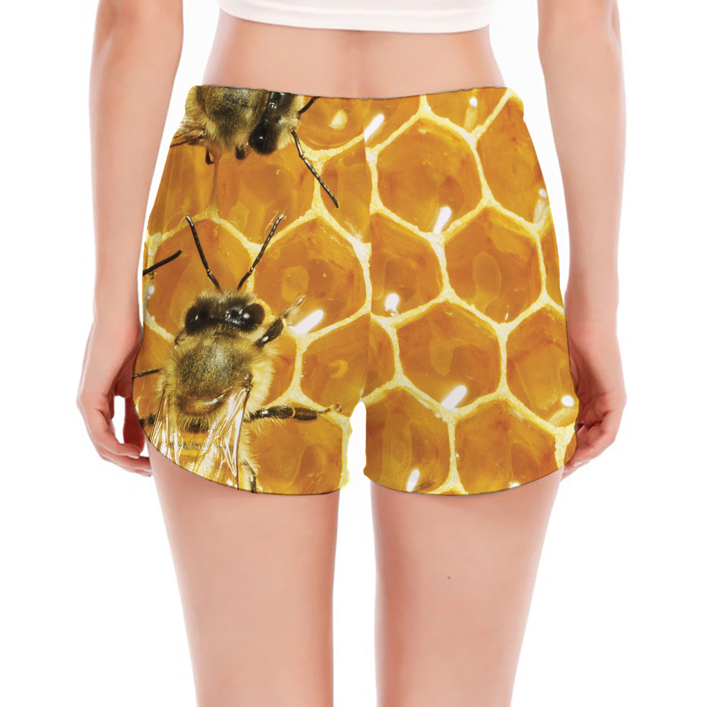 Bees And Honeycomb Print Women's Split Running Shorts