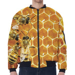 Bees And Honeycomb Print Zip Sleeve Bomber Jacket