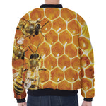 Bees And Honeycomb Print Zip Sleeve Bomber Jacket