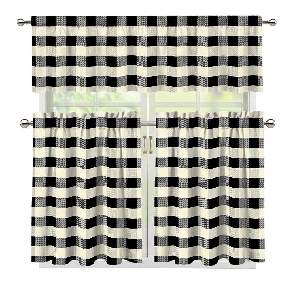 Beige And Black Buffalo Check Print 3 Piece Kitchen Curtains