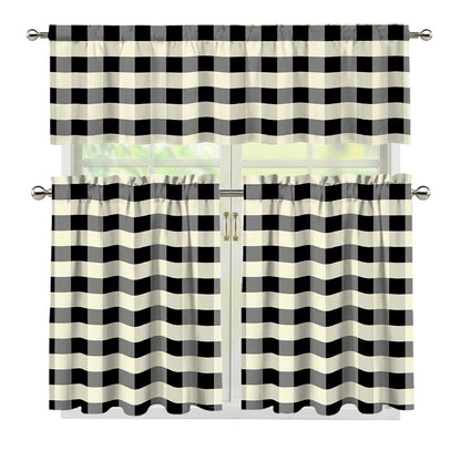 Beige And Black Buffalo Check Print 3 Piece Kitchen Curtains