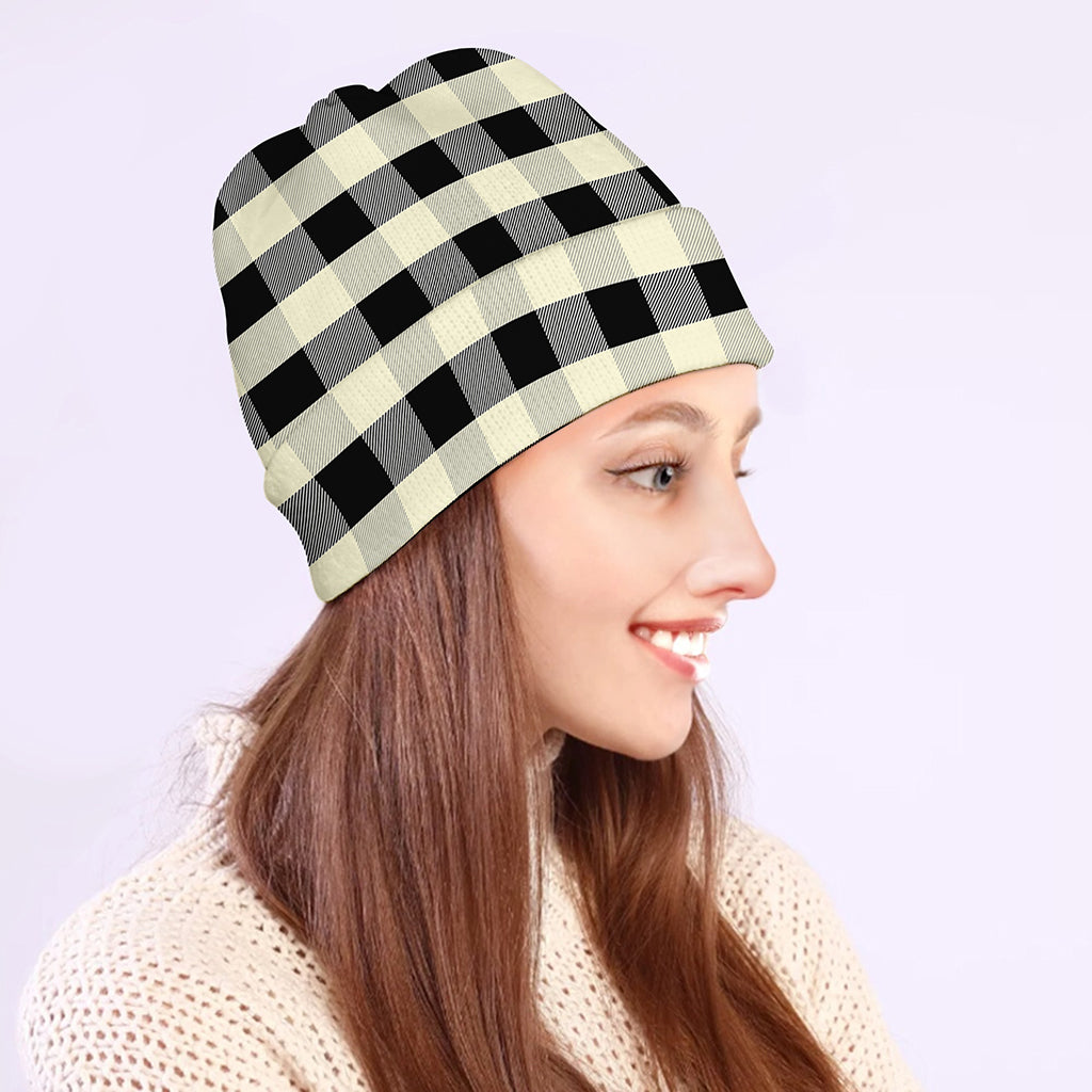 Beige And Black Buffalo Check Print Beanie