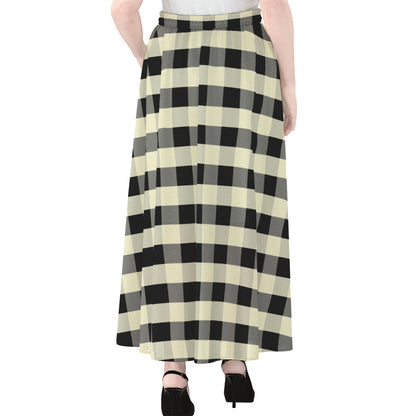 Beige And Black Buffalo Check Print Chiffon Maxi Skirt