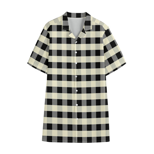 Beige And Black Buffalo Check Print Cotton Hawaiian Shirt