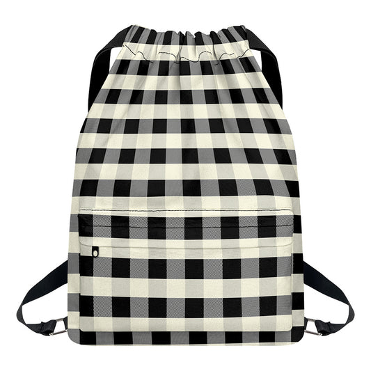 Beige And Black Buffalo Check Print Drawstring Backpack