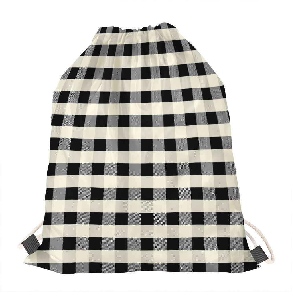 Beige And Black Buffalo Check Print Drawstring Bag