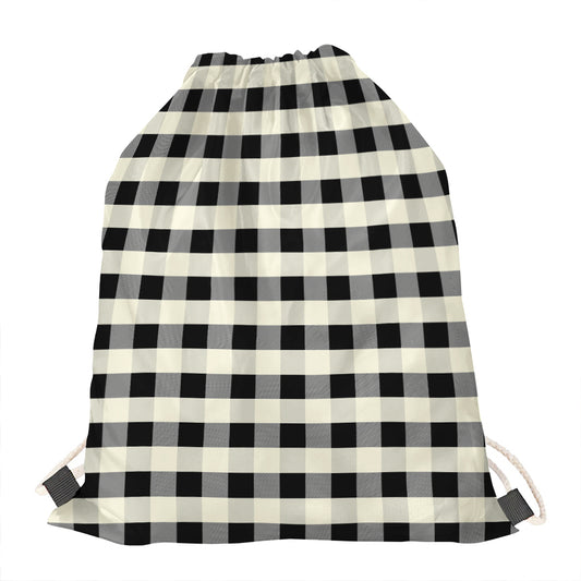 Beige And Black Buffalo Check Print Drawstring Bag