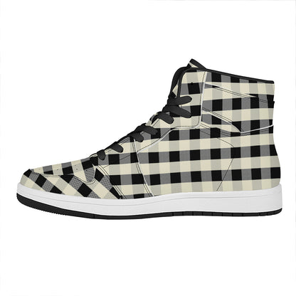 Beige And Black Buffalo Check Print High Top Leather Sneakers