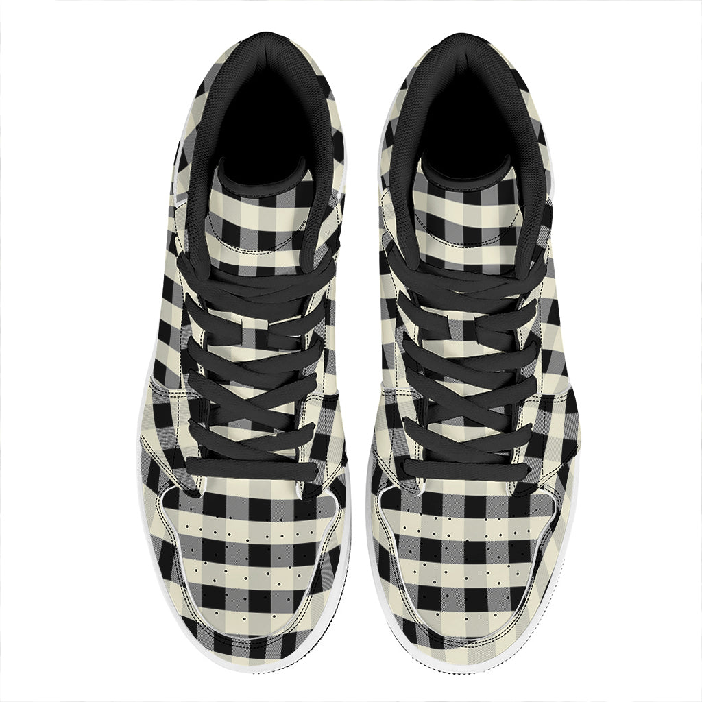 Beige And Black Buffalo Check Print High Top Leather Sneakers