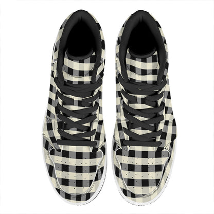 Beige And Black Buffalo Check Print High Top Leather Sneakers