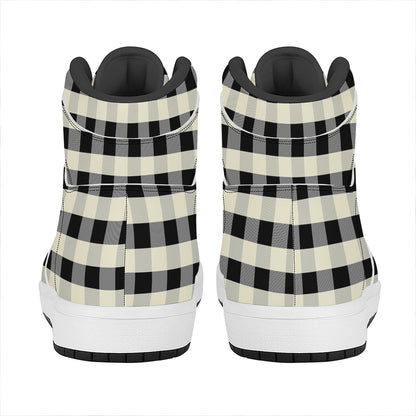 Beige And Black Buffalo Check Print High Top Leather Sneakers