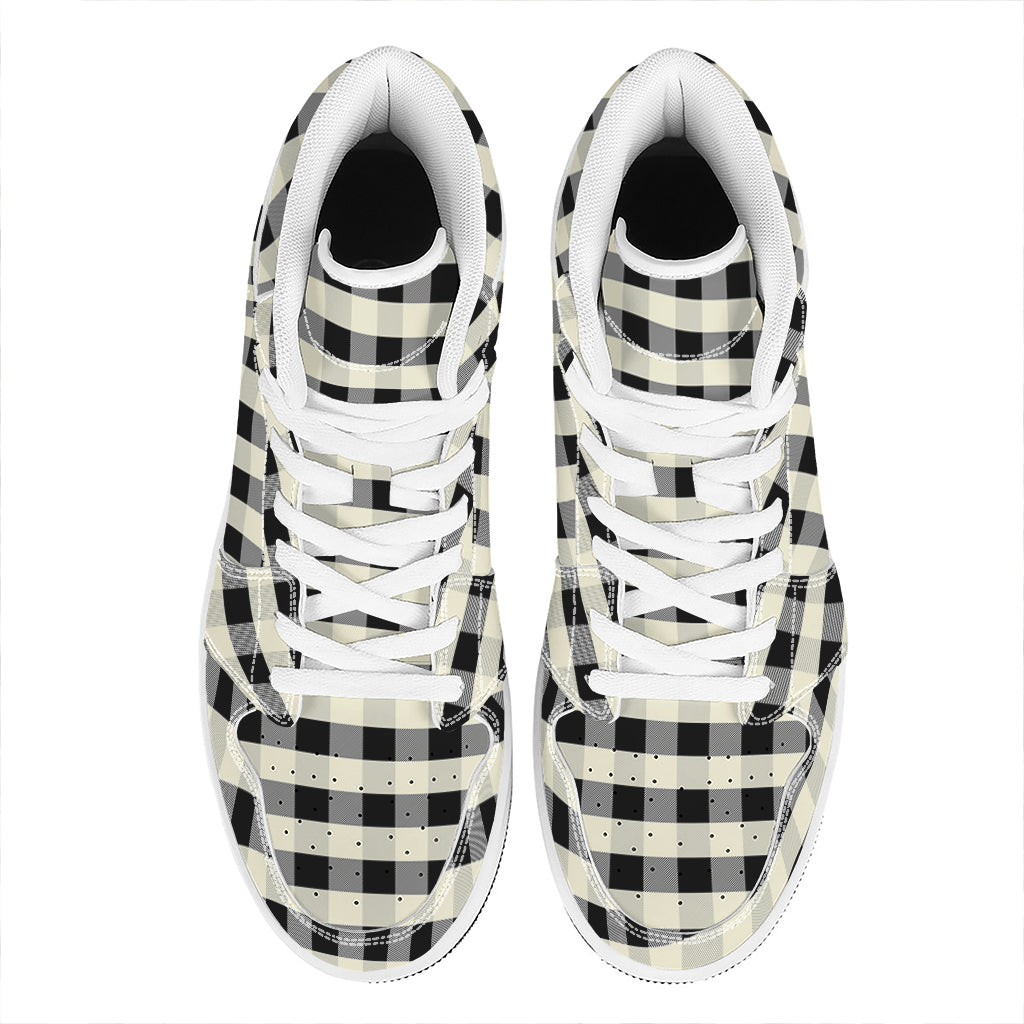 Beige And Black Buffalo Check Print High Top Leather Sneakers