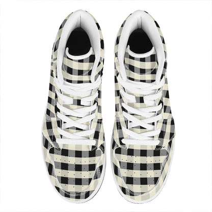 Beige And Black Buffalo Check Print High Top Leather Sneakers